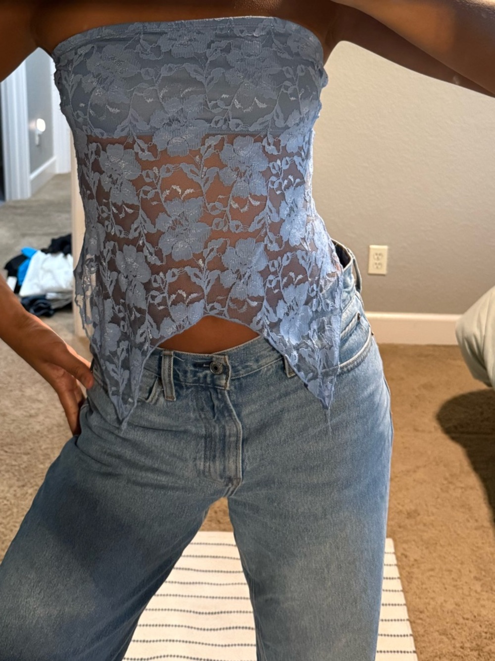 Urban Renewal Light Blue Lace Strapless Top
